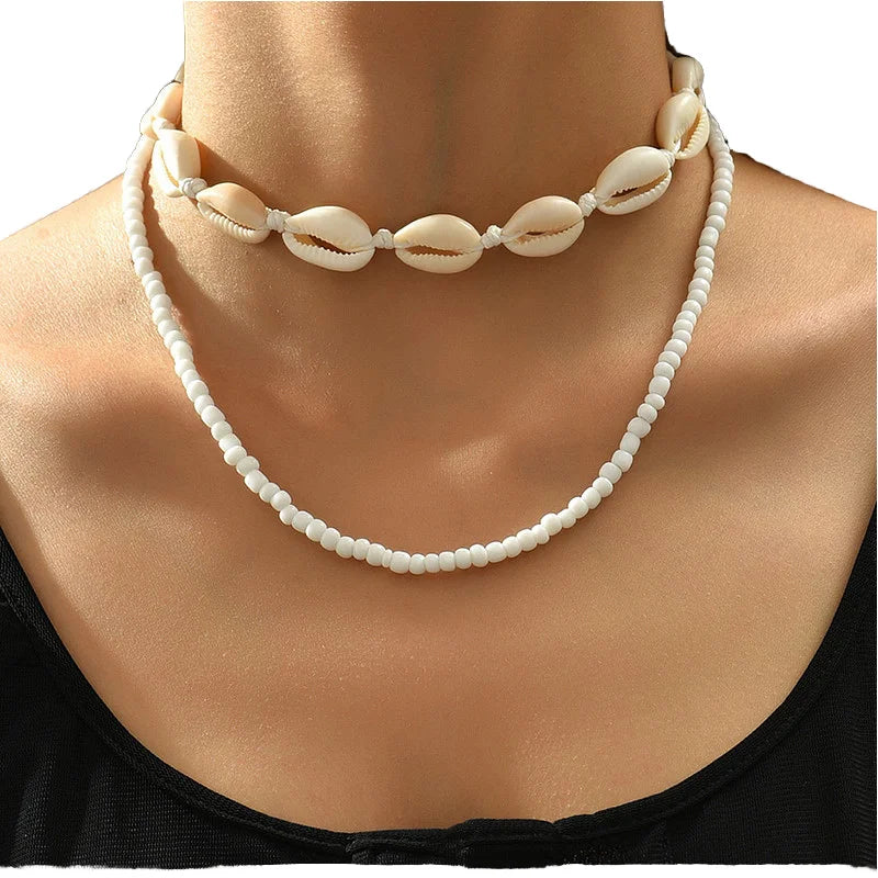 Summer Retro Women's Necklace Multilayer Clavicle Chain Bohemian Bead Shell Pendant Key Pattern Pearl Main Beach Wear Style