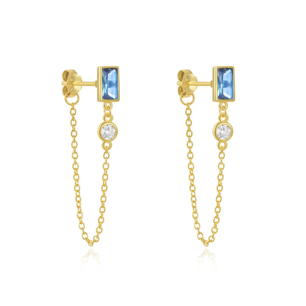 Fashion Earrings Jewelry 925 Sterling Silver square Rectangle Blue Zircon Tassel Chain Gold Plated Stud Earrings for Women