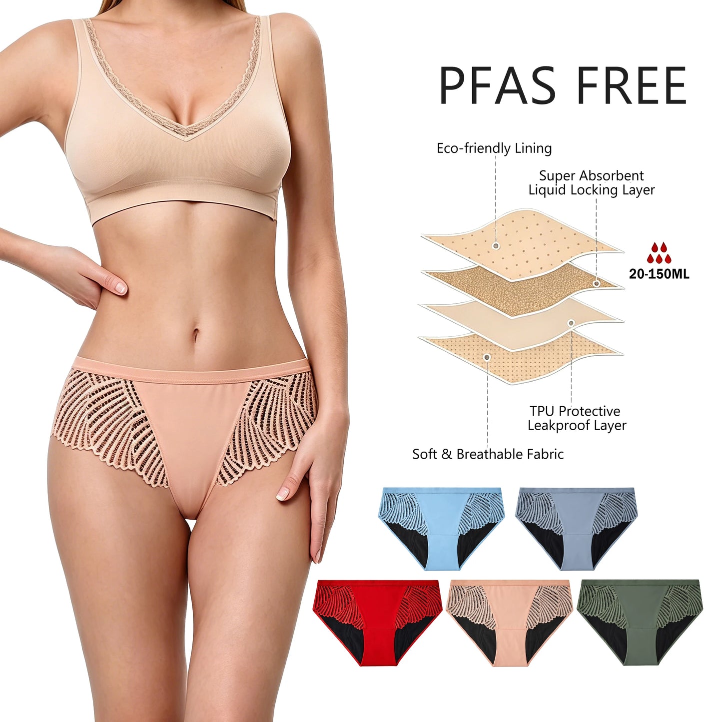 Shanhao OEM Women's PFAS-free Period Panties High Stretch 4-Layer Absorbent Low-Rise Performance Bio Based Period Underwear