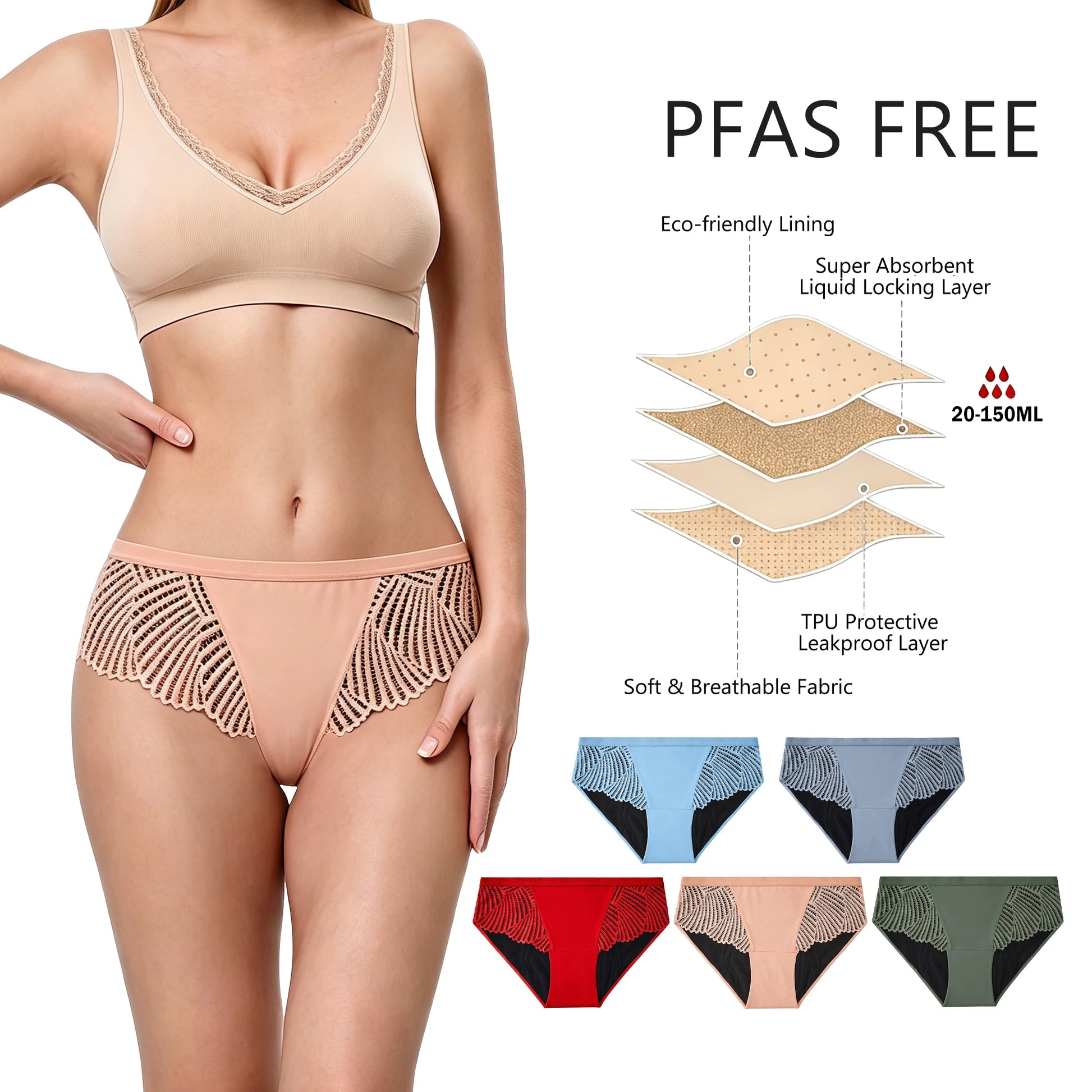Shanhao OEM Women's PFAS-free Period Panties High Stretch 4-Layer Absorbent Low-Rise Performance Bio Based Period Underwear