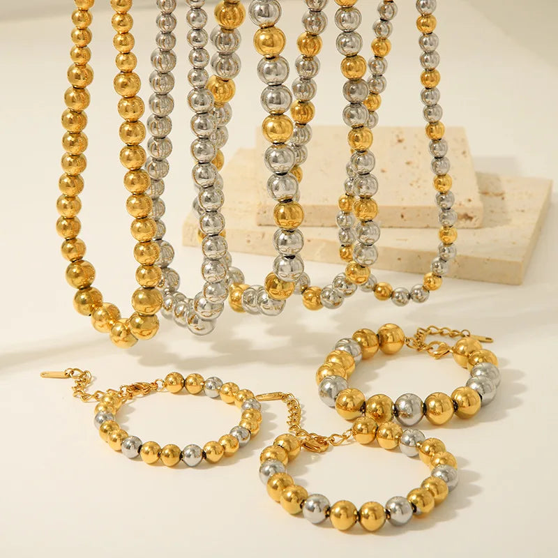 Hot Selling Simple Round Beaded Bracelet and Necklace Non Tarnish 18K Gold Plated Stainless Steel Jewelry Sets for Women Men