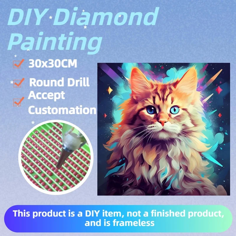 30x30cm DIY Creative Cat Diamond Painting Full RoundAcrylic Animal Theme Home Decor 5D Diamond Painting Kits for Adult