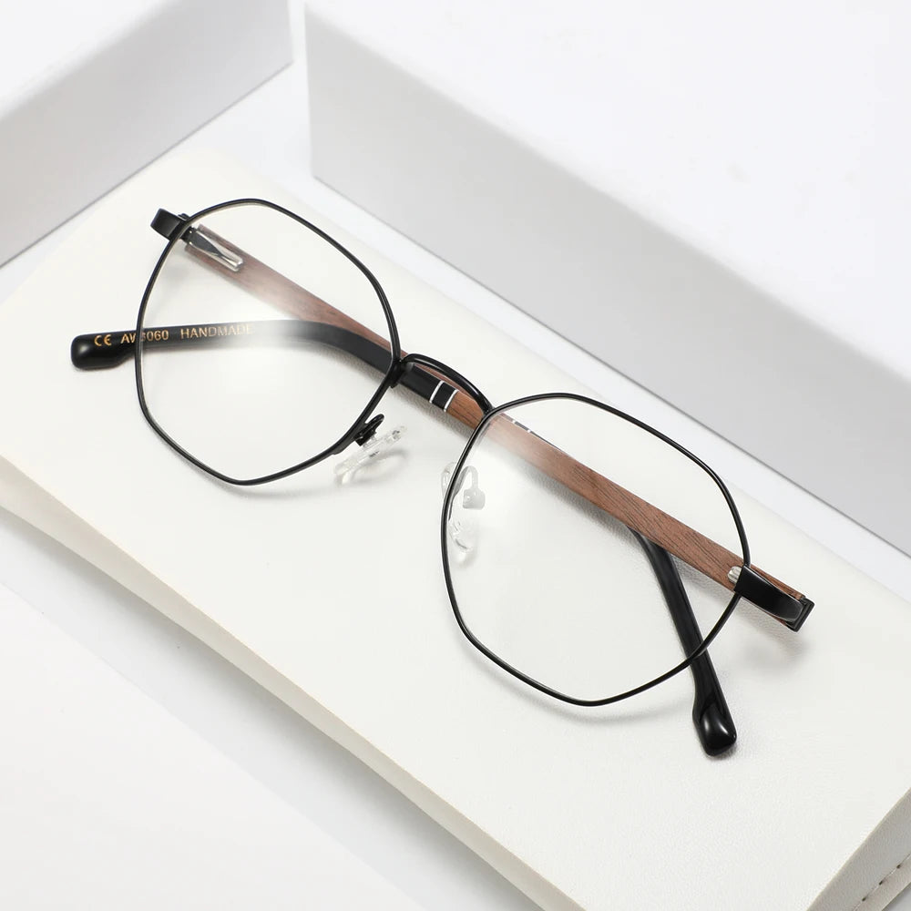 New Fashion Style Custom Anti- Blue Light Glasses Wood Temples Metal Eyeglasses Optical Frames Clear Lens Women Reading Glass