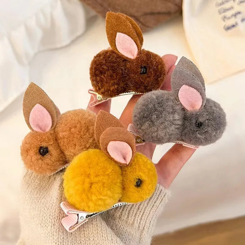 Cute Fluffy Ball Rabbit Hair Clip Children's Girl Animal Hairpins Bunny Simple Hair Accessories Headwear Barrette Stick Hairp