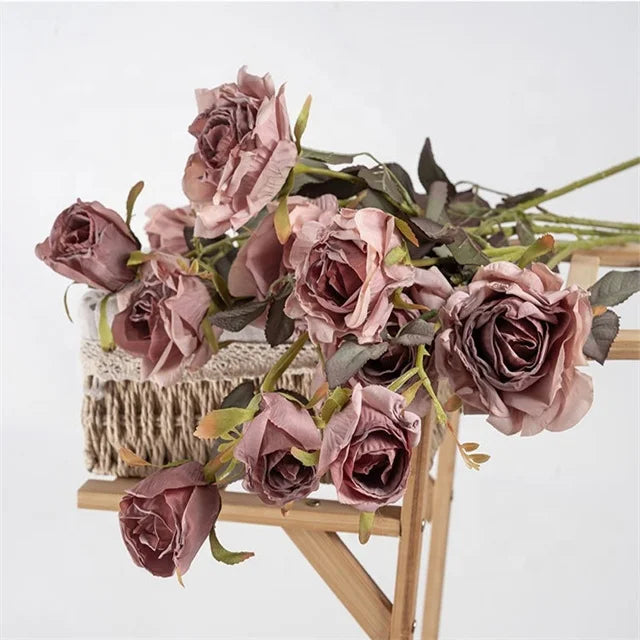 3 Heads Artificial Silk Burnt Edge Roasted Rose Flower for Wedding Decoration Party Home Centerpiece