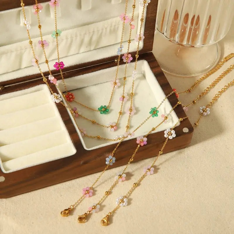 18K Gold Beaded Bracelets Set for Women Simple and Fashionable Design Stainless Steel Flower Jewelry Set  for Wedding and Par