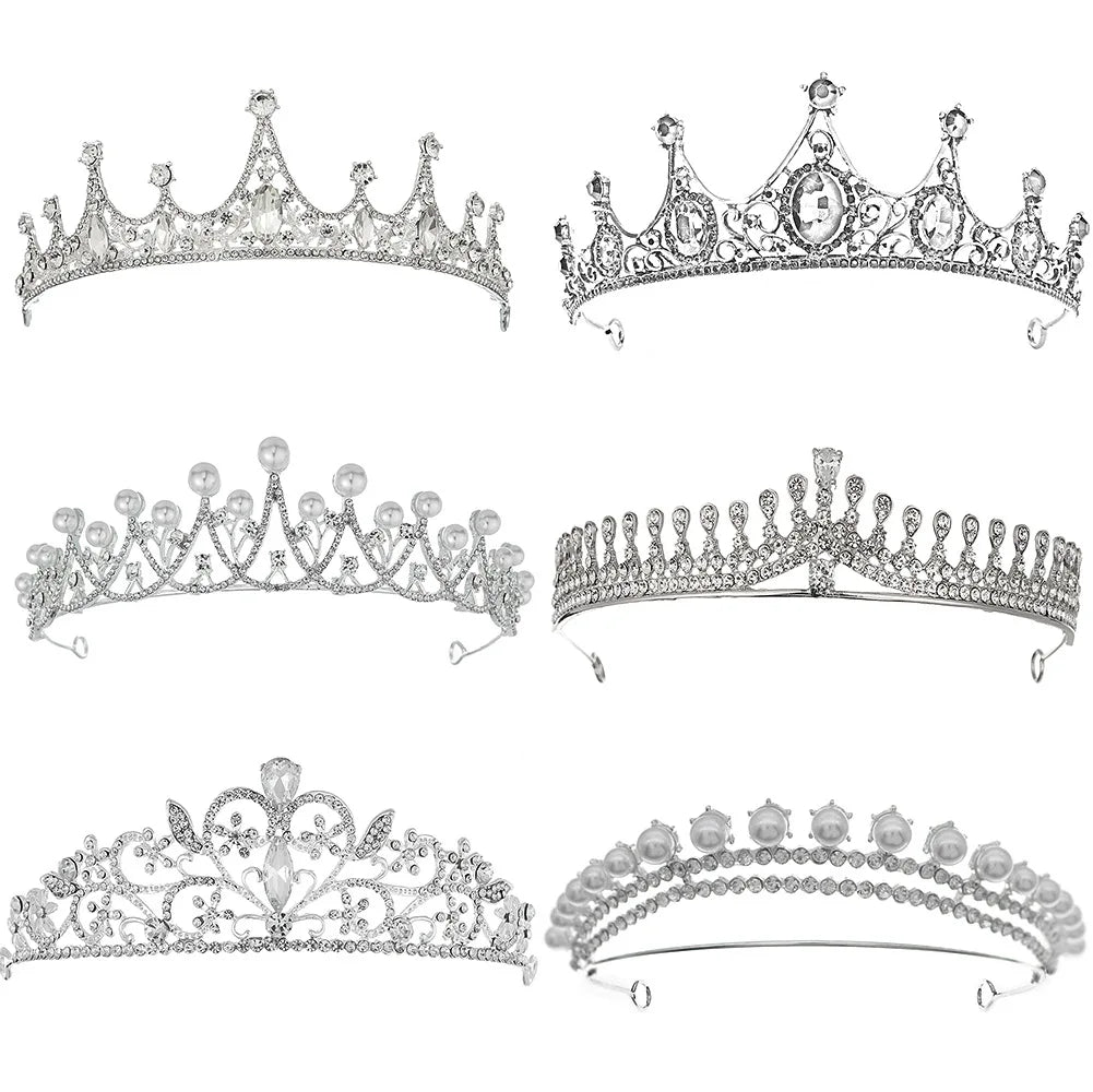 16 Designs Luxury Prom Pageant Princess Party Queen Bride Headband Silver Pearl Crystal Wedding Crowns and Tiaras for Women