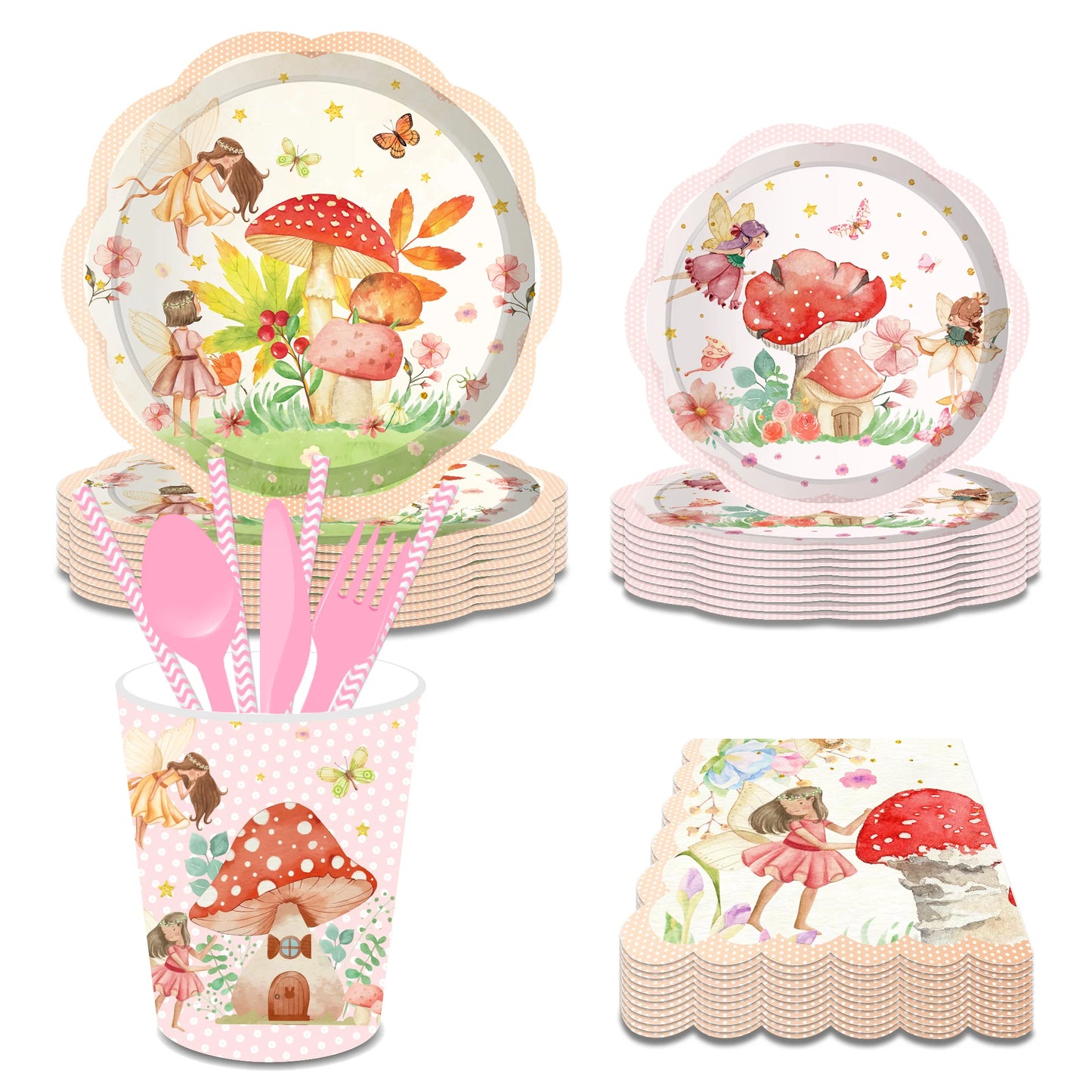 Huancai Fairy Party Supplies Mushroom Floral Paper Plates Cups Napkins Disposable Tableware Set for Birthday Party Decoration
