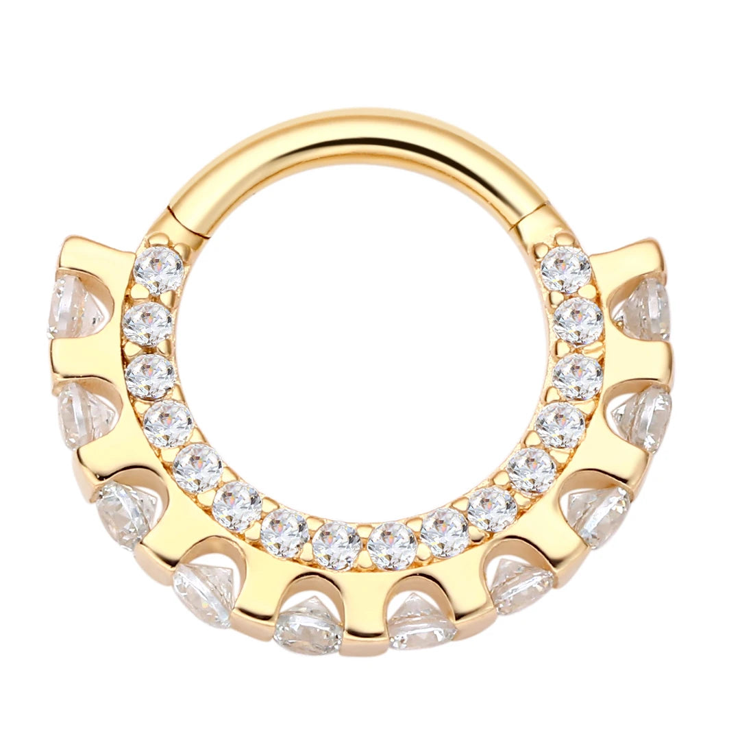 Eternal Metal 14K Solid Gold Fan-Shaped and Side Paved Zircon Hinged Segment Hoop Clicker Tragus Piercing Wedding Jewelry