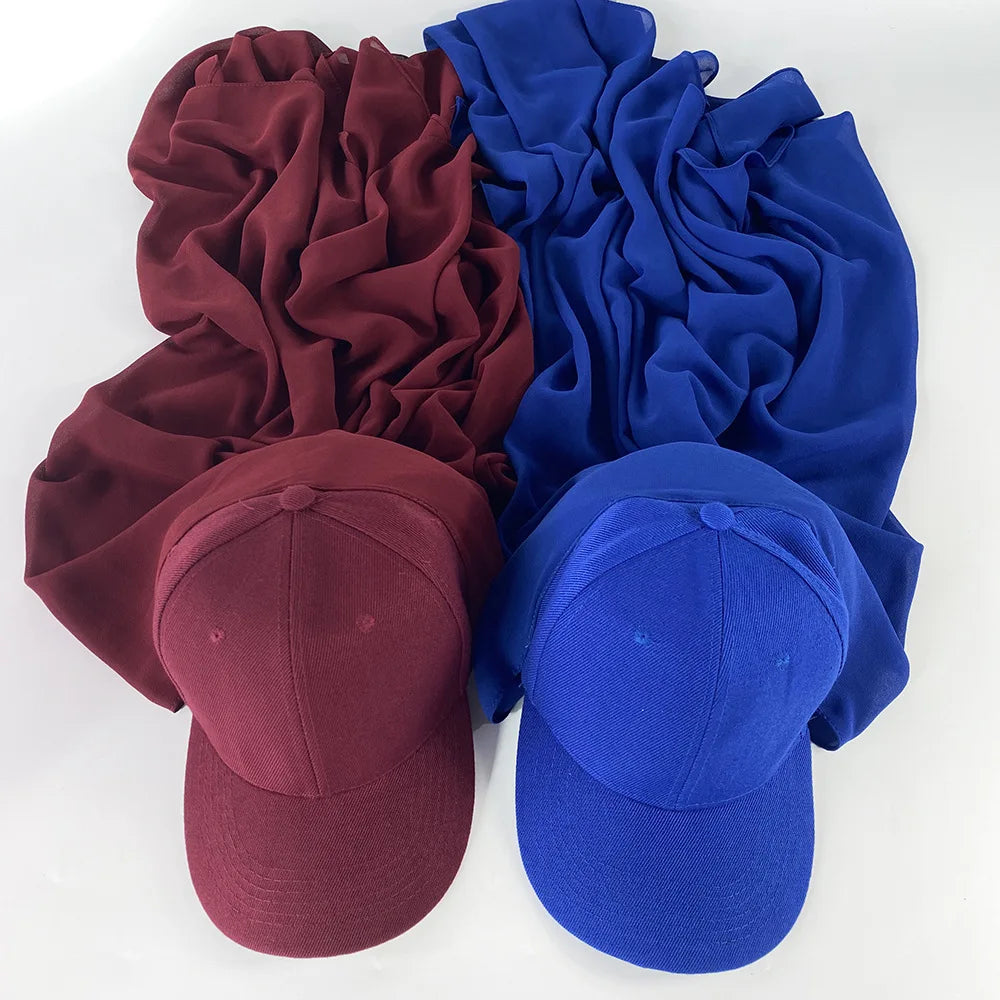 Custom Logo Arab Dubai Plain Instant Chiffon Hijab  Baseball Hat Cap Sports Bonnet Shawls for Muslim Women