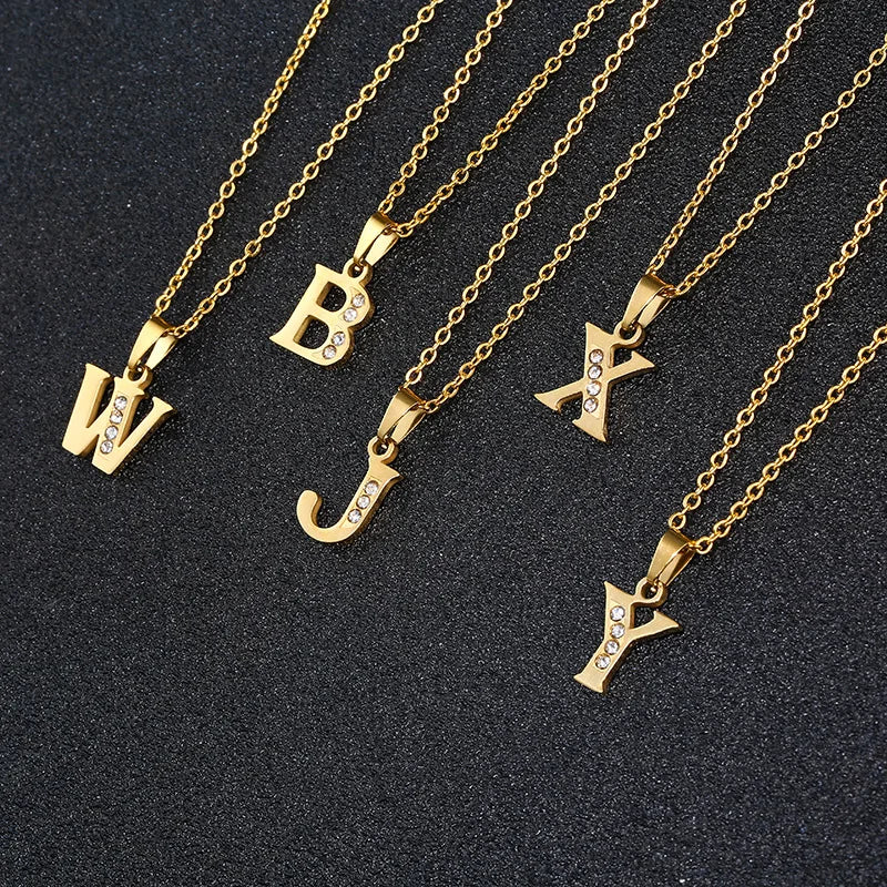 Manufacturer Stainless Steel 18K Gold Plated 26 Initial English Letter Jewelry Gift Necklace with Zircon Chain Women's Neckla