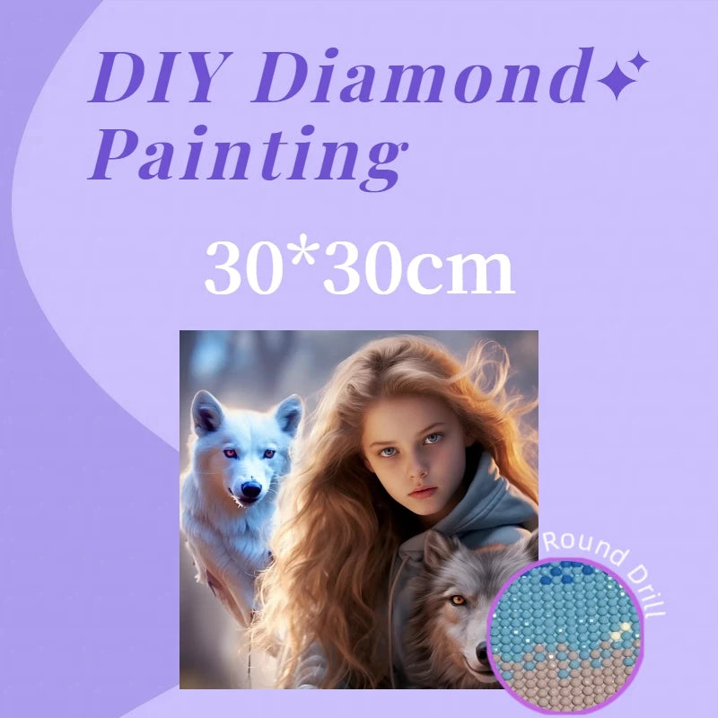 Custom DIY 30*30cm Wolf Girl Home Decor Diamond Painting Full Round 5D Acrylic Drill Portrait Diamond Painting for Gifts