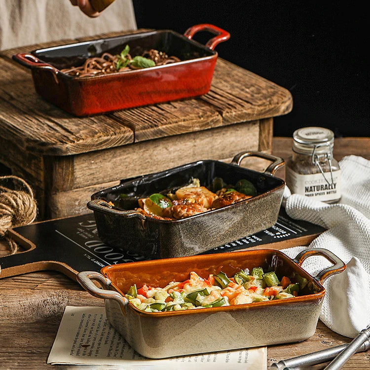 New Eco-Friendly Porcelain Bake Tray Handle Glazed Ceramic Baking Dishes for Household Restaurant Oven Available Multiple Col