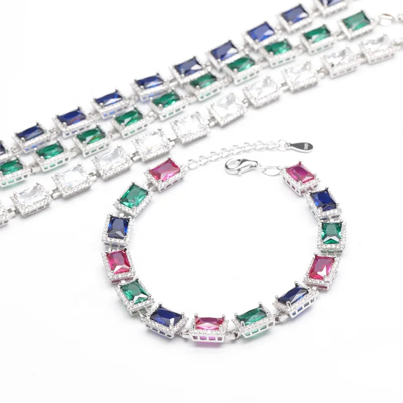 Deluxe Infinity Colored Stone Various Shaped Oval square Zircon Tennis Bracelet 925 Sterling Silver