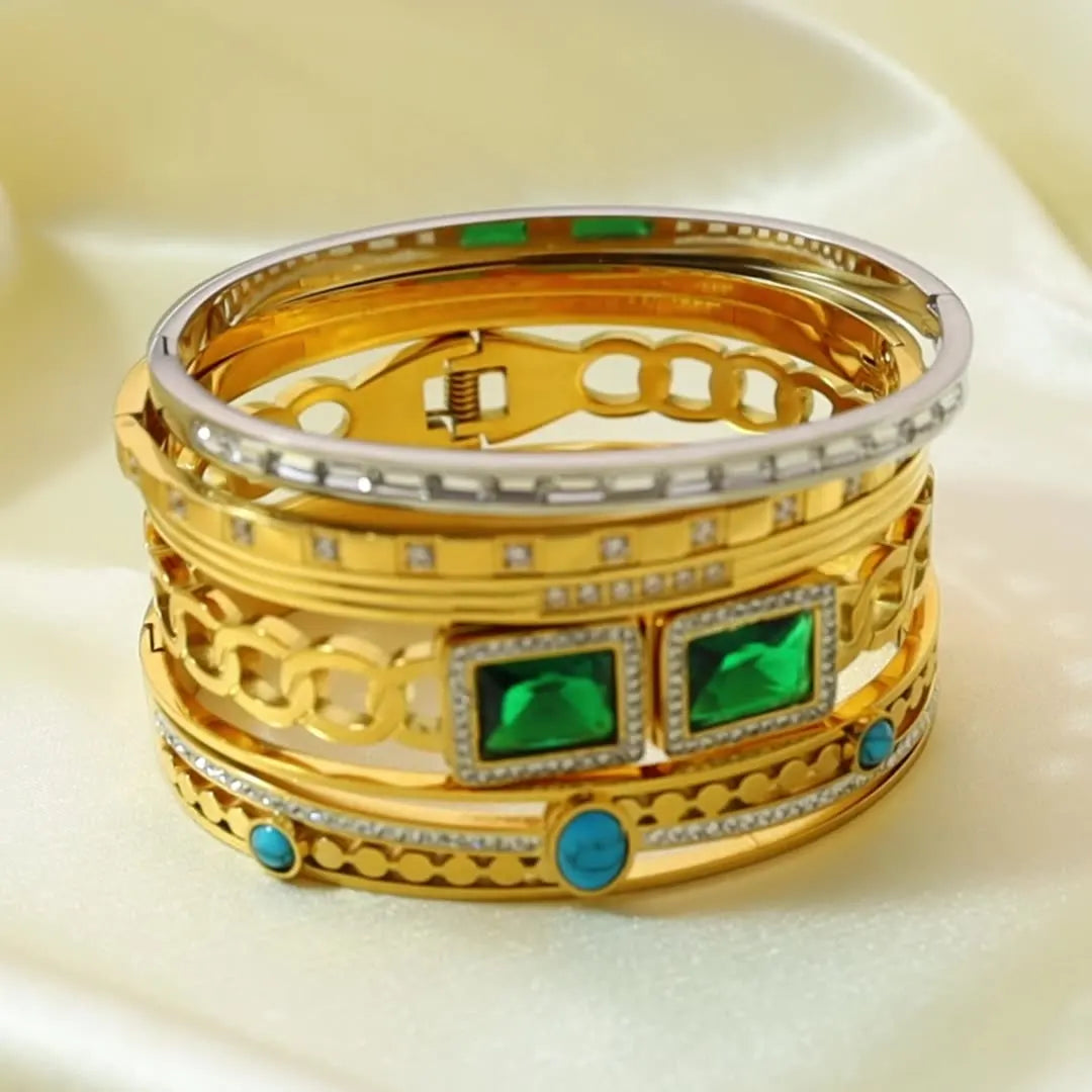 High End Waterproof 18k PVD Gold Plated Micro Zirconia Stainless Steel Bangle Bracelets for Women Gold Jewelry Wholesale
