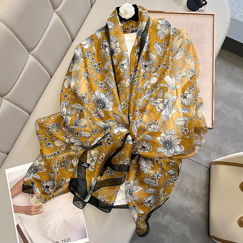 Summer Black White Flower Print Silk Yarn Gauze Scarves 130*180CM Women Long Large Floral Beach Cover up Shawls Sunscreen Sca