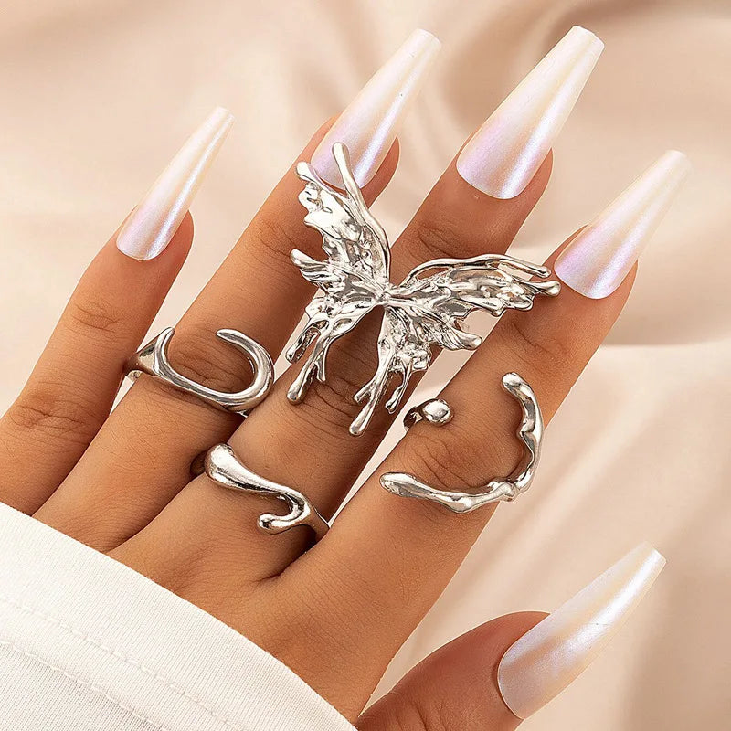 2025 New Style Classic Geometric Irregular Butterfly Rings Good Chunky Rings 4Pcs Creative Ring Set for Girls
