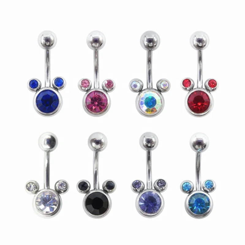 316 Surgical Stainless Steel Color Crystal Mouse Head Navel Ring Stud Rhinestone Mickey Belly Button Ring