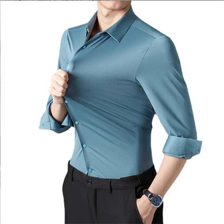 Custom Men's Seamless High-stretch Shirt  Formal Office Dress Shirts for Men Casual Stand-up Collar Long Sleeve Shirt