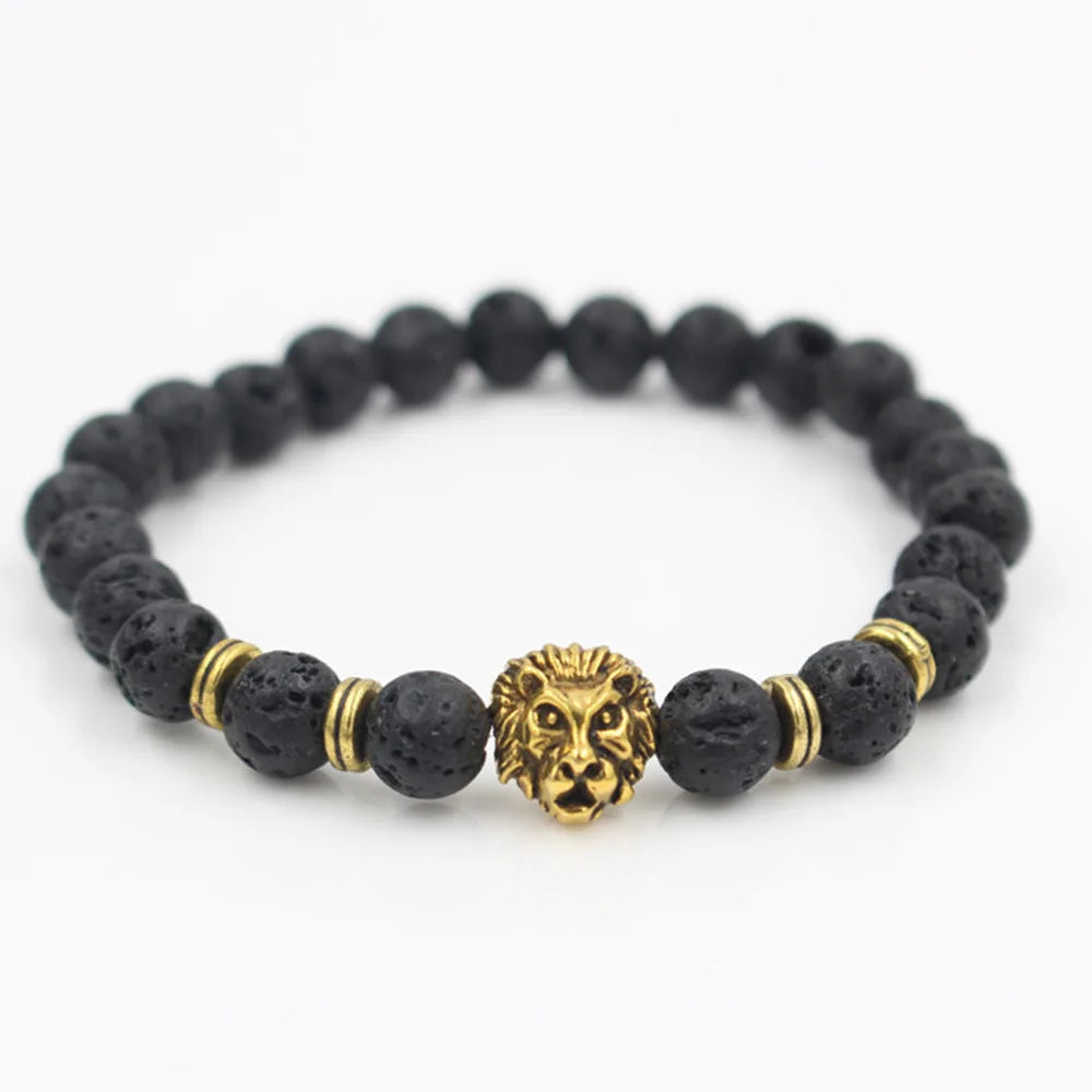 Fashion Personality Beaded Bracelets Lava Volcanic Natural Stone Bracelet Lion Head Bracelet for Men