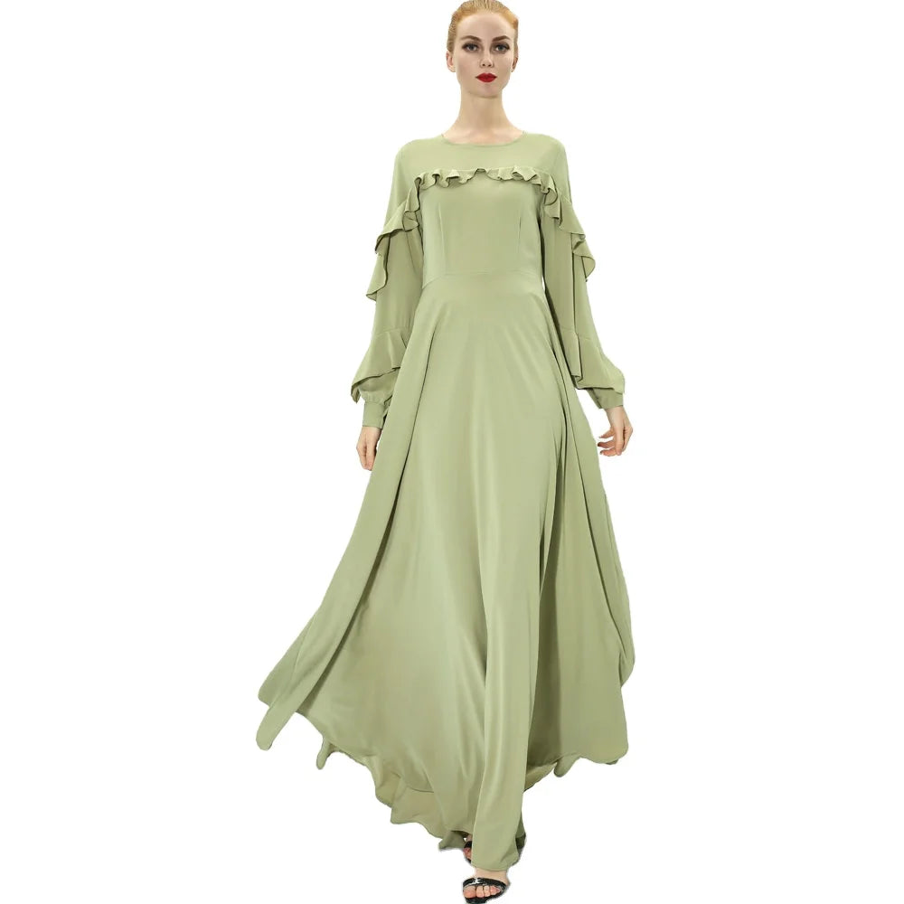 Pure Pink Dark Blue Green Light Blue Color Ruffled Button Closure Cuff Abaya Long Dress Muslim Islamic Clothing for Women