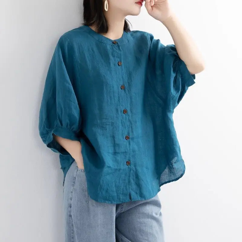 M-3XL New  Shirts for Spring and Summer Lantern Sleeve Retro Artistic Top Oversized Loose Fitting Medium Sleeved Shirt