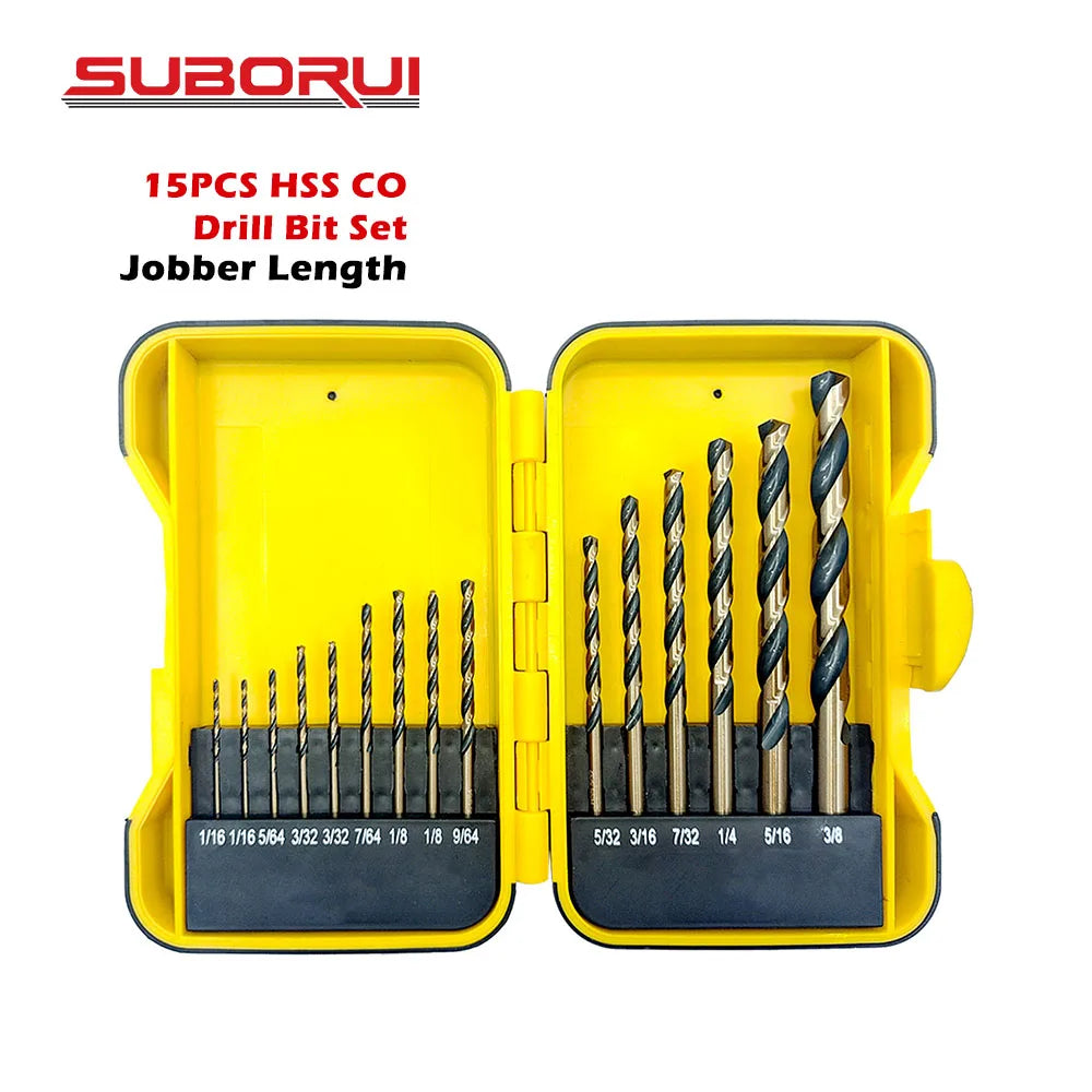 SUBORUI 15Pcs High Speed Steel Jobber Length HSS M35 Cobalt Twist Drill Bit Set for Hardened Metal Stainless Steel