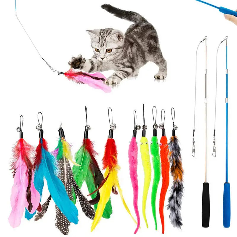 Pet Cat Toy Set Colourful Feather Fishing Rod Caterpillar Bell Replaceable Head Teaser Stick