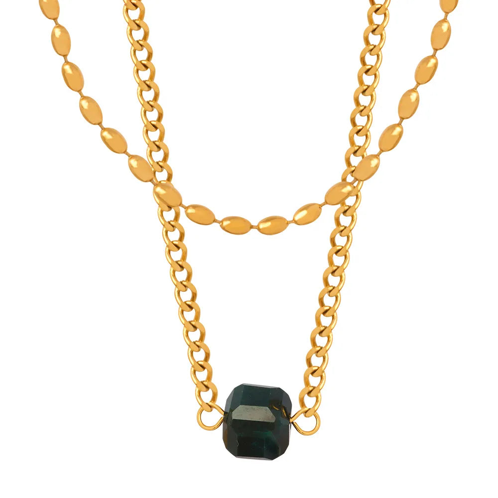 Chic Stainless Steel Gold Plated Double-layer Stacked Rice Bead Chain Necklace Square Agate Natural Stone Pendant Necklace