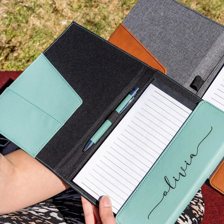 Multifunctional Custom Waterproof Engraved Portfolio Notepad Clip Notebook Folder Writing Pad PU Leather Padfolio With Pen Lo
