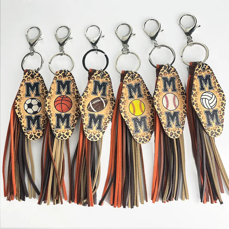 Trend Western Tassel Keychain Leopard Print Sports Baseball Rugby Pattern Diamond Hotel Keychain for Mother'S Day Gift