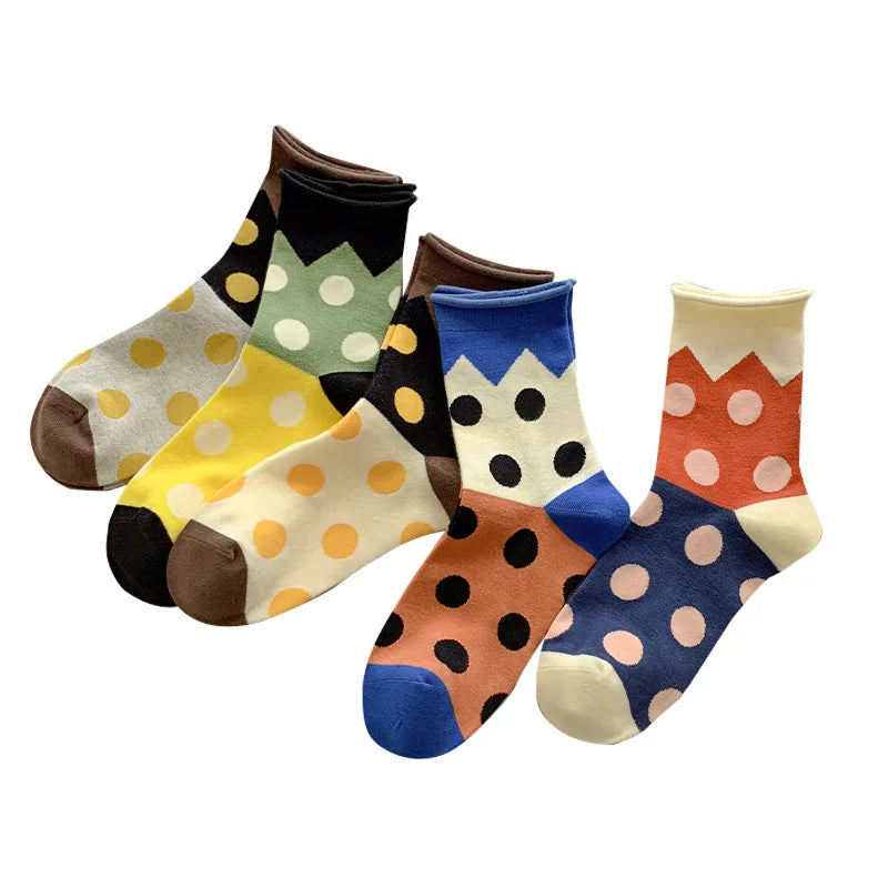 Cute Women Cotton Socks Spring Autumn Middle Tube Socks Harajuku Funny Polka Dot Cartoon Print Girl Long Socks