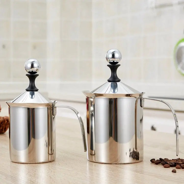 400ml/800mlStainless Steel Milk Beater Manual Pump Cream Cappuccino Latte Foam Can With Durable Double Mesh