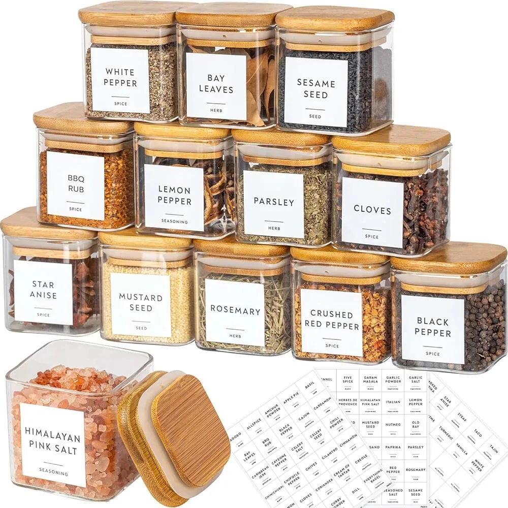 5oz Glass Jars Set With Spice Labels Square Spice Jars With Bamboo Lids Food Storage Container Canisters