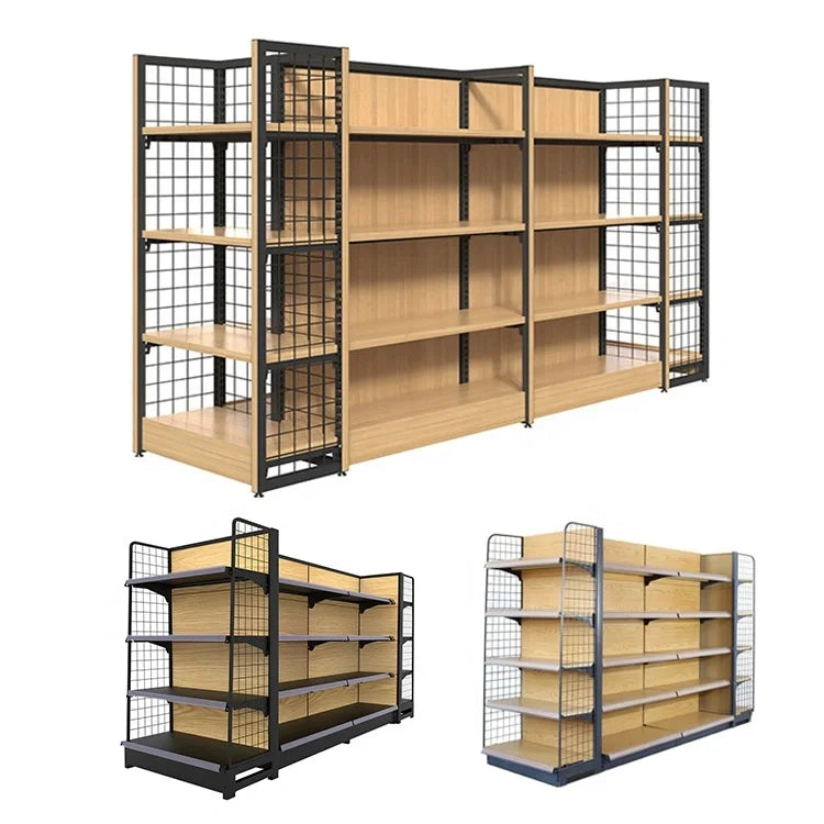 KEWAY Double-Sided MDF Metal Wooden Supermarket Gondola Display Racks Floor Stand Shelving for Retail Stores