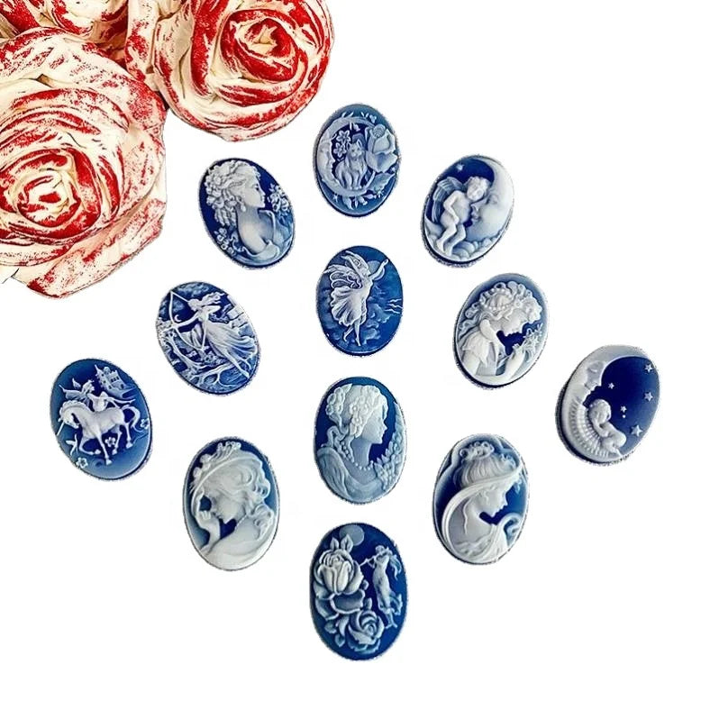 Heizun Gemstone Customized Design Loose Carved Natural Blue Agate Cameos Nature Stone Cameo Cabochons for Vintage Jewelry Mak
