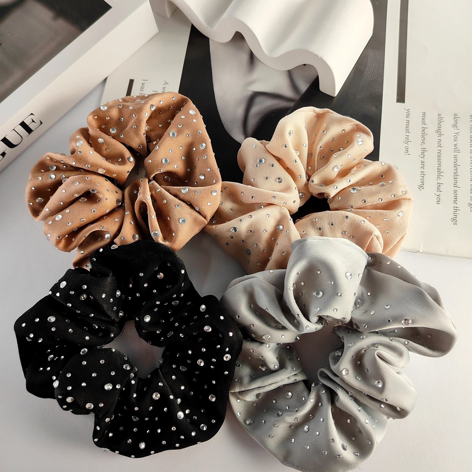 New Design Luxury Shiny Rhinestone Scrunchies Women Solid Color Elegant Elastic Hair Ties Accessories