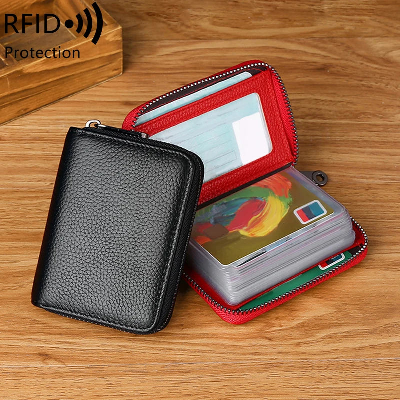 RFID Blocking Multiple Card Slots Zipper Wallet Portable Clutch Coin Purse Minimalist Genuine Leather Credit Card Holder