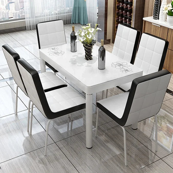 Modern Design Eco-friendly Extendable Glass Dining Table Set with Leather Seat and Stainless Steel Legs for Hotel and Home Us