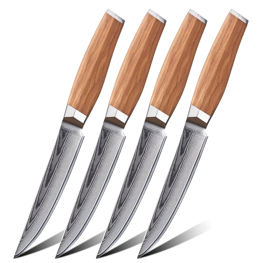 Amber Olive Wood Handle 6inch Steak Knives Professional Kitchen Knife Set Damascus Knife Set Steak Knife Set with Box