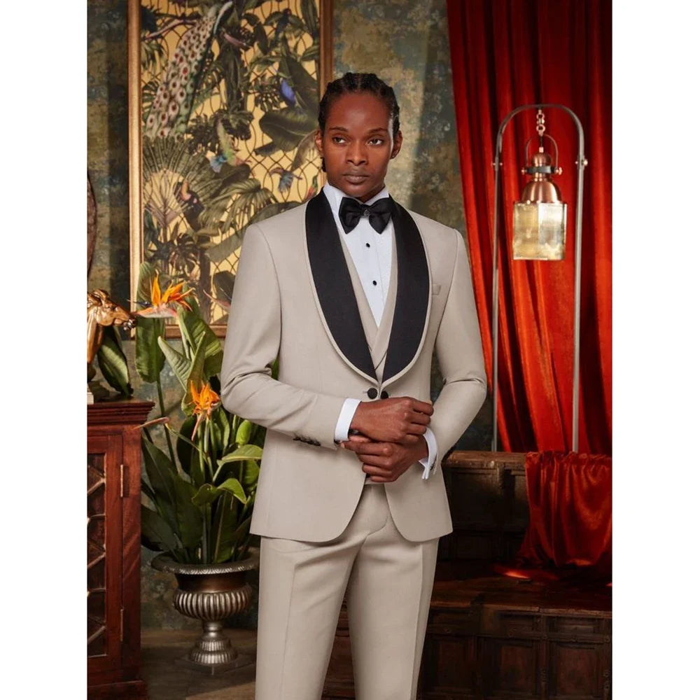 Formal Beige Suits for Men Black Shawl Lapel Single Breasted Luxury 3 Piece Jacket Pants Vest Prom Party Clothing Custom Made
