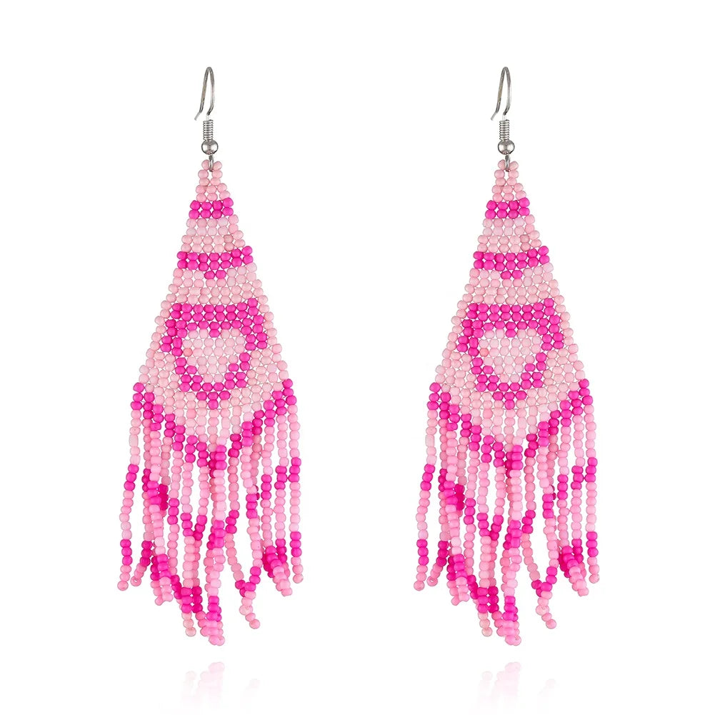 New Boho Trendy Huggie Earrings for Women Handwoven Heart Shape Tassel Seed Beaded for Weddings Parties and Gifts