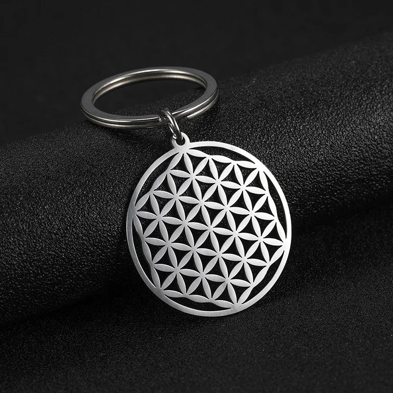 Flower Stainless Steel Charms Key Chain the Seed of Life Buddhist Key Ring for Women Men