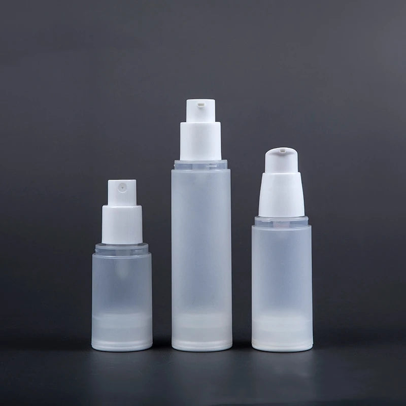 Stock Clear Frosted 15ml 20ml 30ml 50ml 80ml 100ml PP Airless Skin Care Pump Bottle with White Lid Plastic Airless Lotion Bot