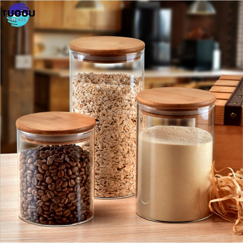 Borosilicate Kitchen Storage Glass Jars Set Spice Container Bottles With Bamboo Lid