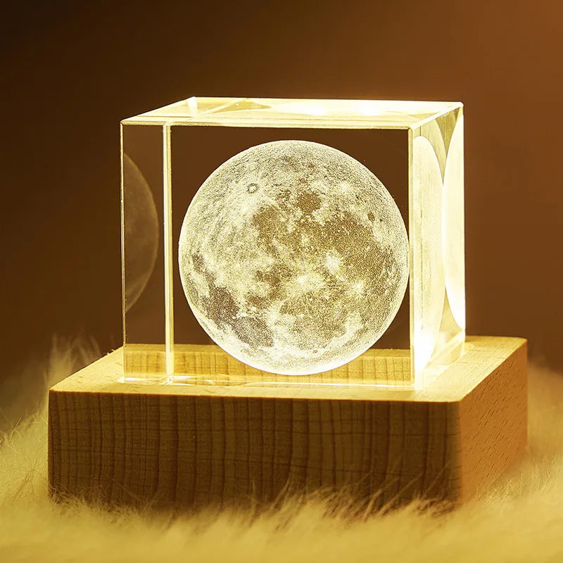 2024 New Night Light Laser Moon Crystal Block Cube Paperweight with Wooden Light Base MH-F0597