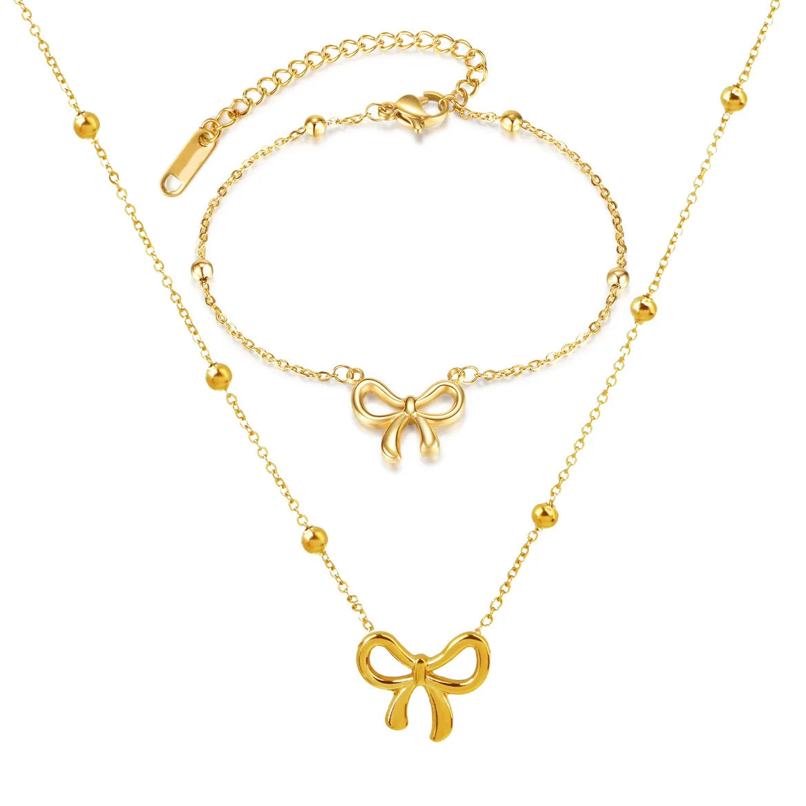 Sweet Style Versatile and Simple Ribbon Beads Set Chain Bracelet Bow Bracelet Stainless Steel Bracelet for Girls