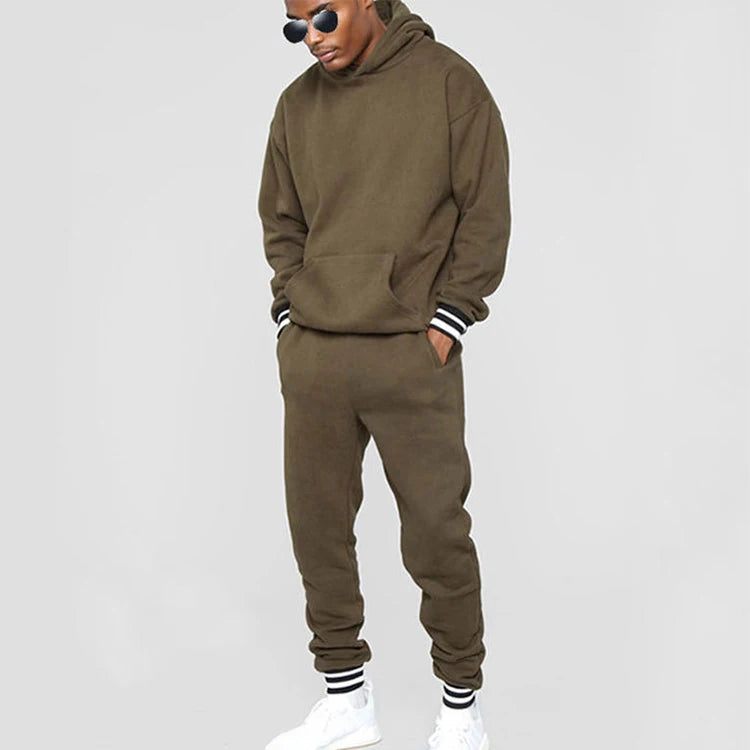 Customized Men's Casual Winter Tracksuits 2-Piece Hoodie Set with Color Block Ribbing Hem Stripe & Embroidered Technique