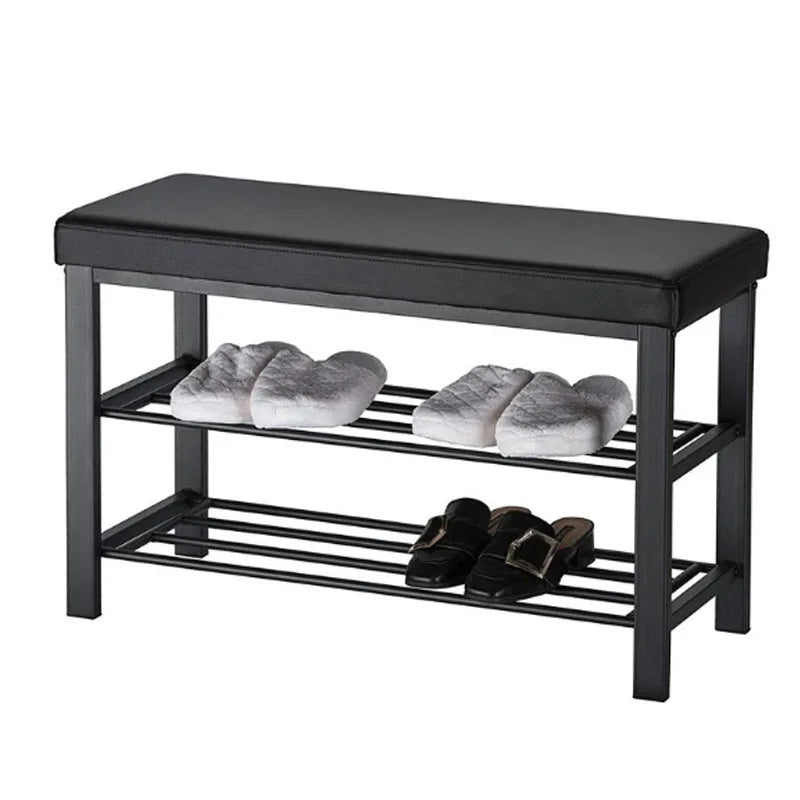 Entryway Shoe Rack with Cushioned Seat  Metal Frame 2 Shelves Shoe Storage Bench