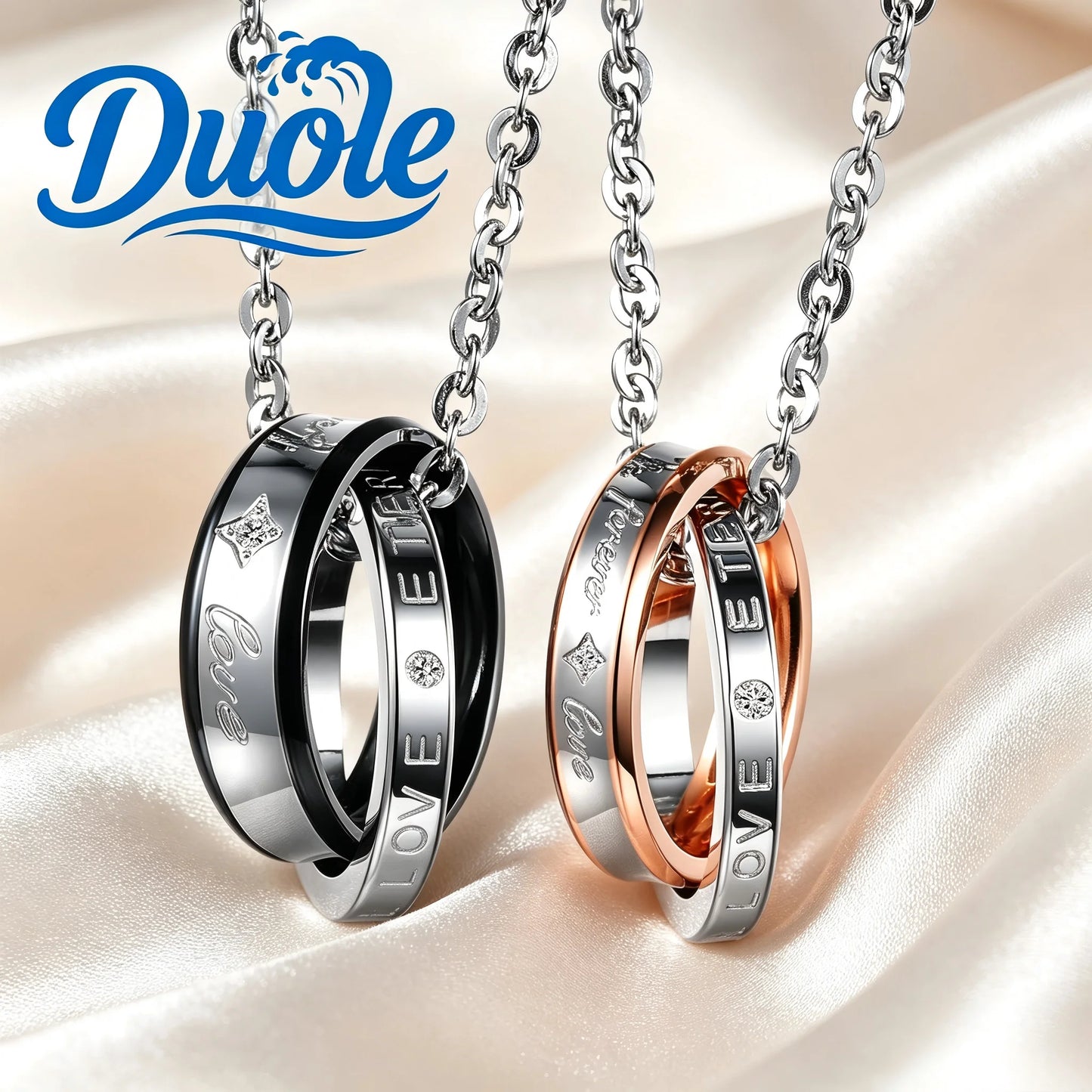 Fashion Jewelry Stainless Steel Zircon Double Rings Pendant Necklace For Men Women Couple 18k Gold Plated Necklace